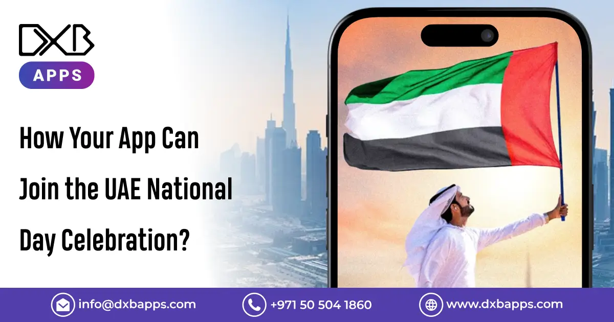 Mobile app celebrating UAE National Day with Dubai skyline and UAE flag colors – DXB Apps
