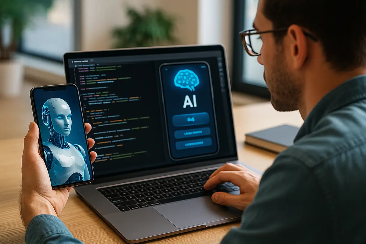 Developer using generative AI on laptop and smartphone for modern app development