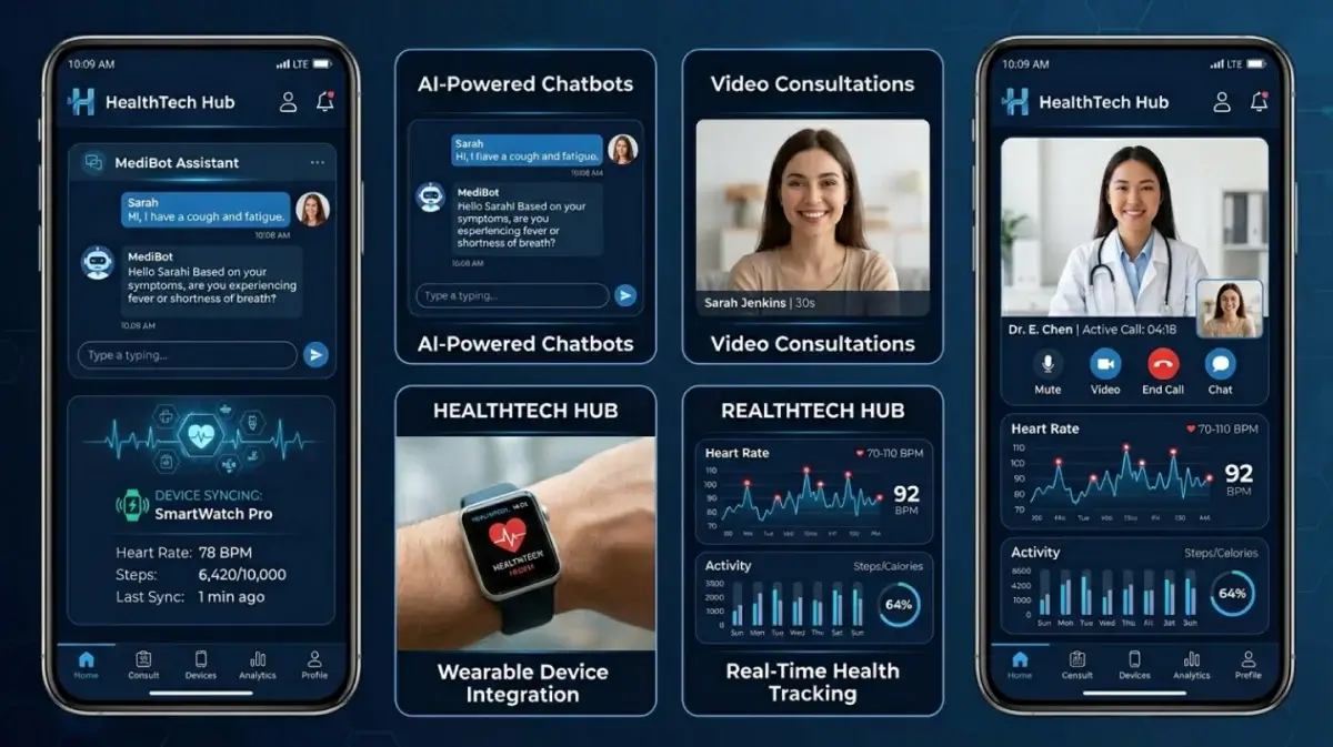Advanced healthcare app features including AI powered chatbots, video consultations, wearable device integration, and real time health tracking systems