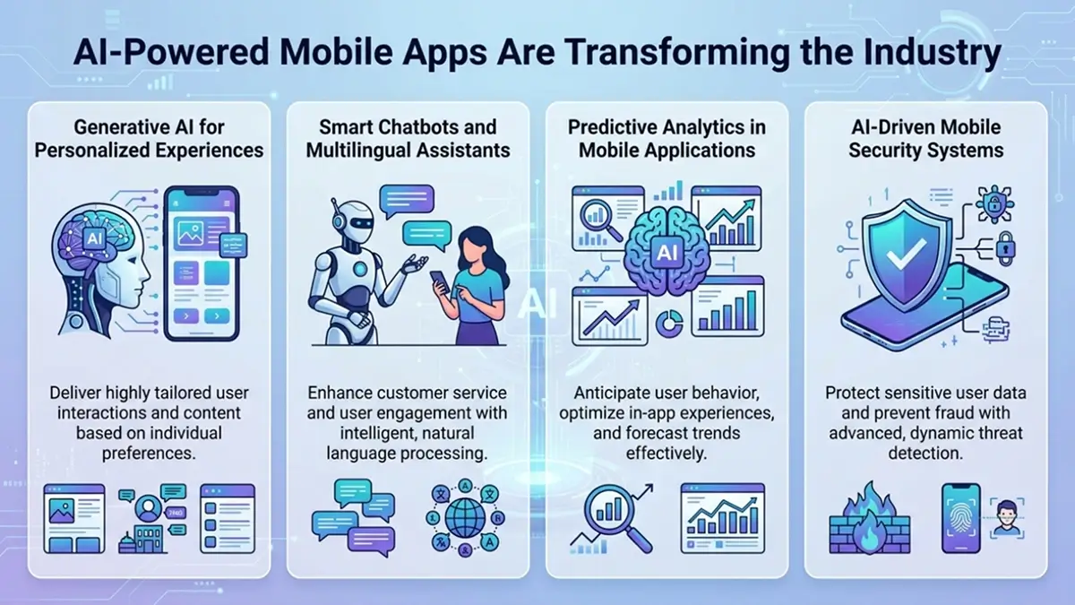 How AI-powered mobile apps transform the industry using generative AI, chatbots, predictive analytics, and security systems