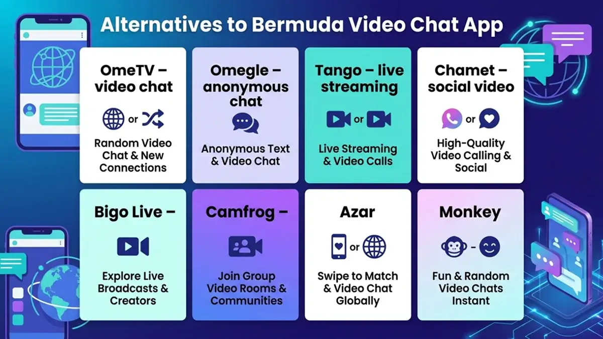 Alternatives to Bermuda Video Chat App including OmeTV, Omegle, Tango, Chamet, Bigo Live, Camfrog, Azar, and Monkey video chat apps