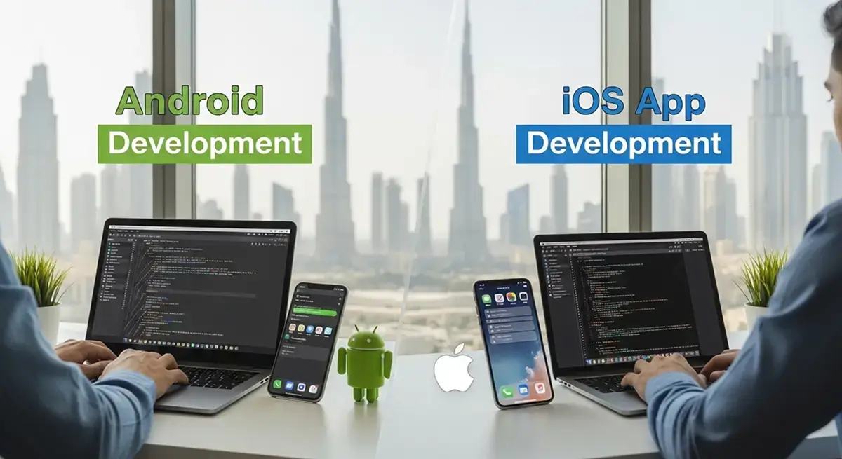 Android vs iOS app development comparison for businesses in Dubai showing platform benefits and market share