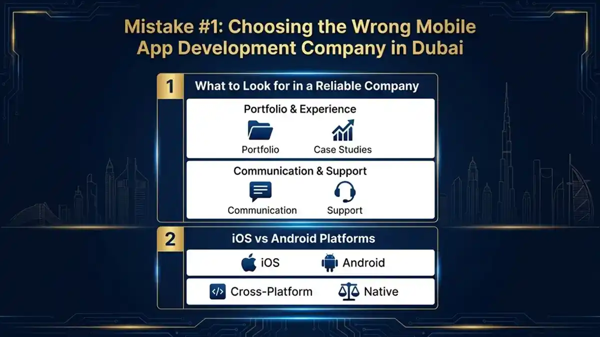 how to choose a reliable mobile app development company in Dubai, including portfolio, communication, iOS vs Android, and cross-platform considerations