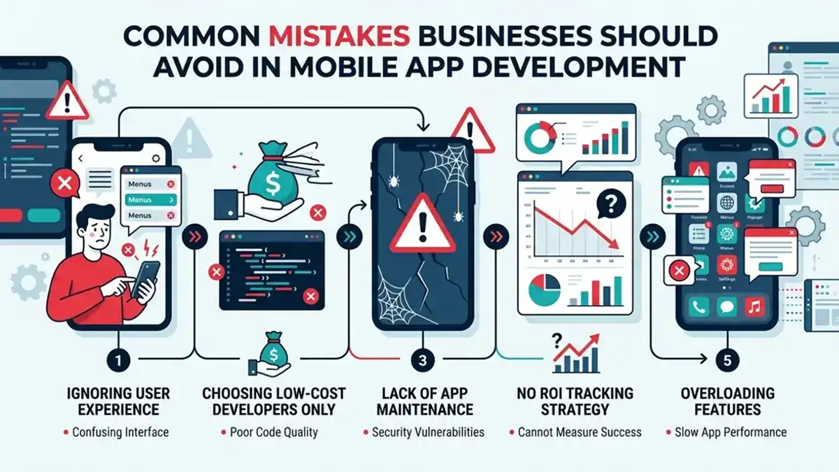 Common mistakes businesses should avoid in mobile app development including poor user experience, low-cost developers, lack of maintenance, no ROI tracking, and feature overload