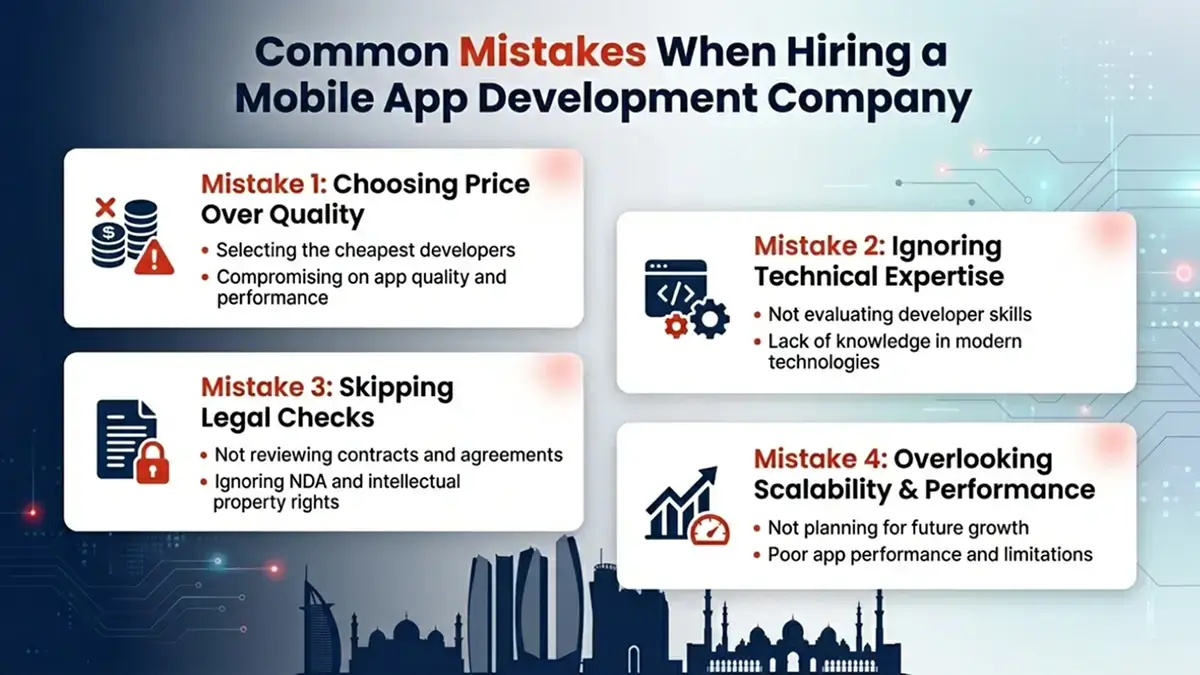 Common mistakes in selecting a mobile app development company including cost over quality, lack of expertise, legal oversight, and poor scalability planning