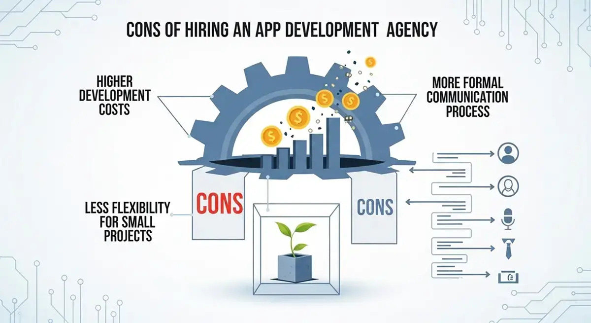 Cons of hiring an app development agency including higher costs and longer development timelines