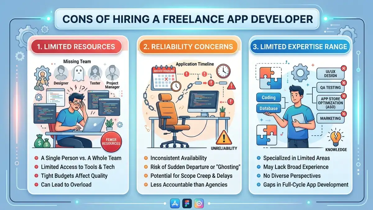 Cons of hiring a freelance app developer including limited resources and scalability challenges