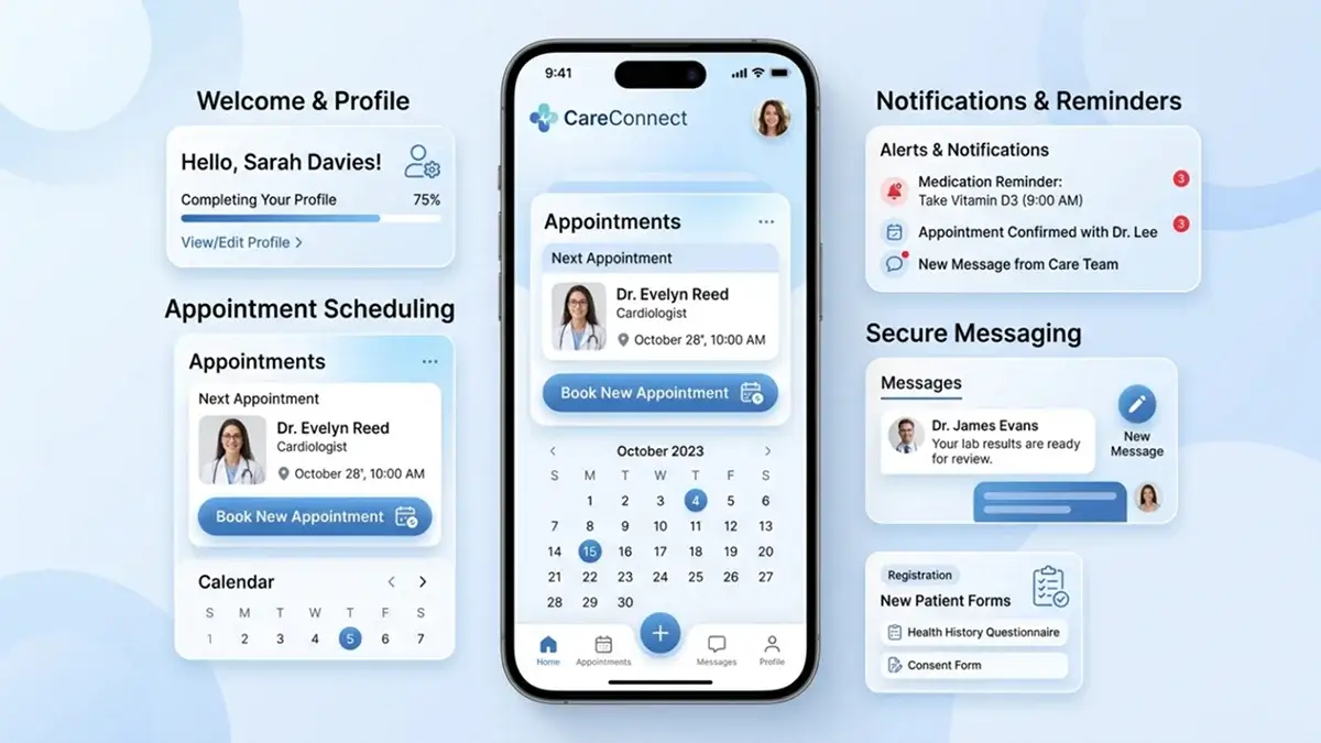 Core features of healthcare apps including user registration and profiles, appointment scheduling, notifications and reminders, and secure messaging systems