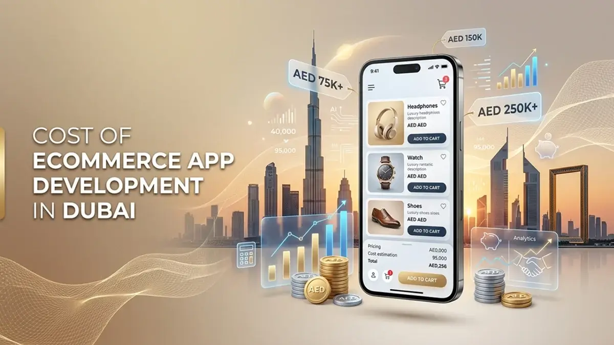 Cost of ecommerce app development in Dubai with pricing elements and mobile app interface