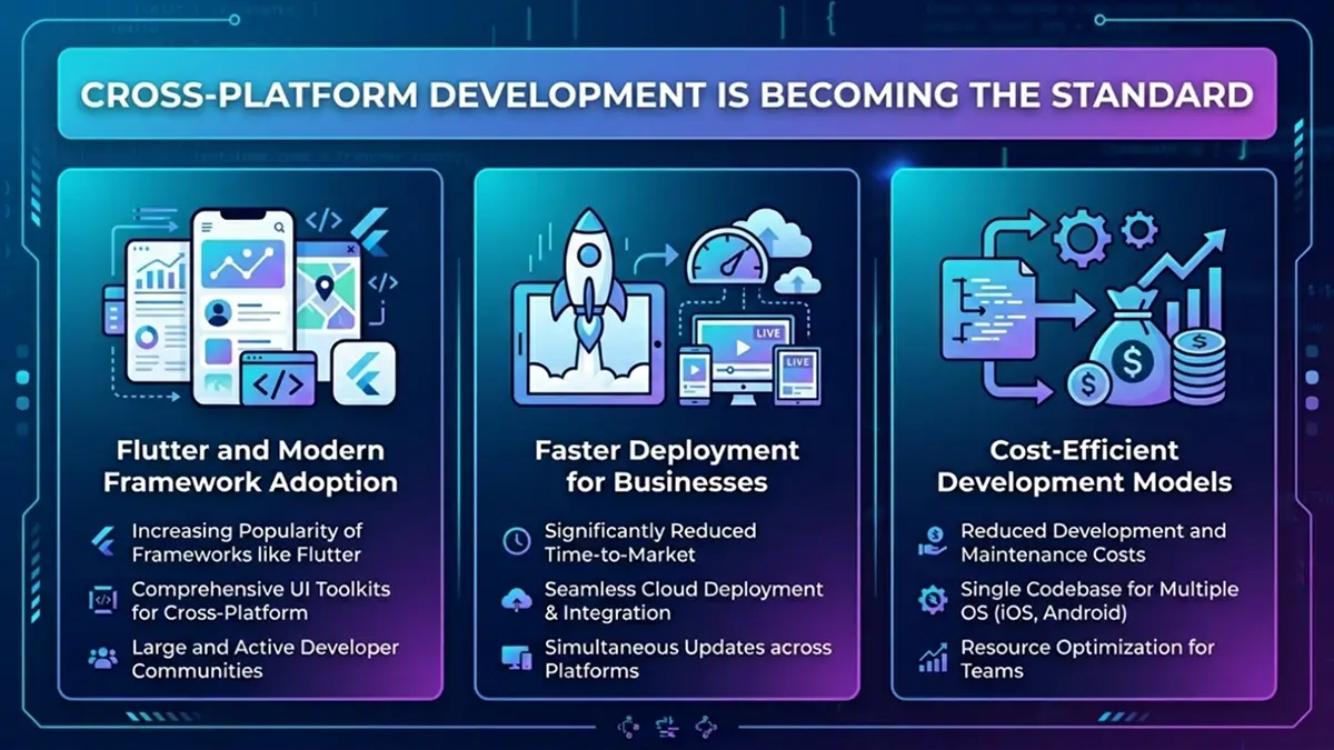 Cross-platform development becoming standard through Flutter adoption, faster deployment, and cost-efficient models