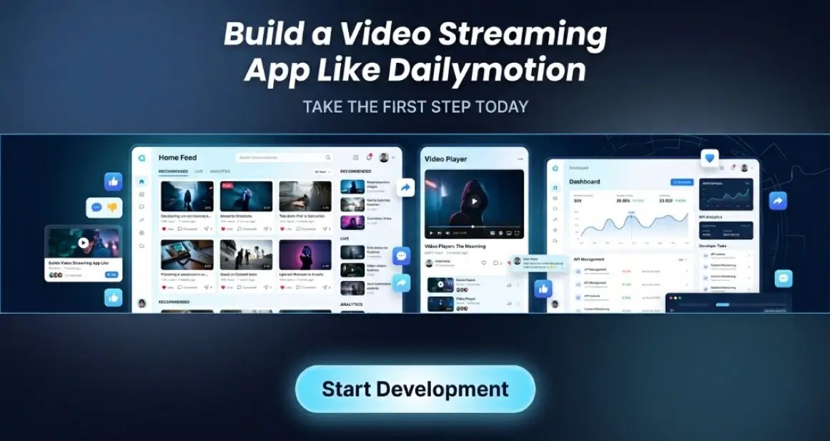 Video streaming app development like Dailymotion with modern UI, analytics dashboard, and start development