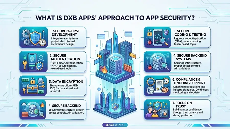 DXB APPS approach to app security including security-first development, authentication, encryption, secure backend systems, testing, compliance, and user trust focus
