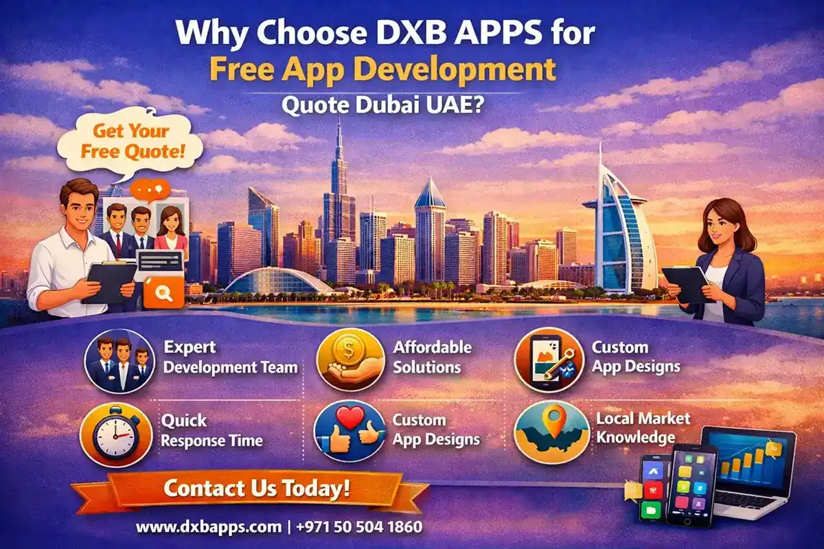 DXB APPS free app development quote in Dubai UAE with skyline view and mobile app concept showcasing cost estimation services