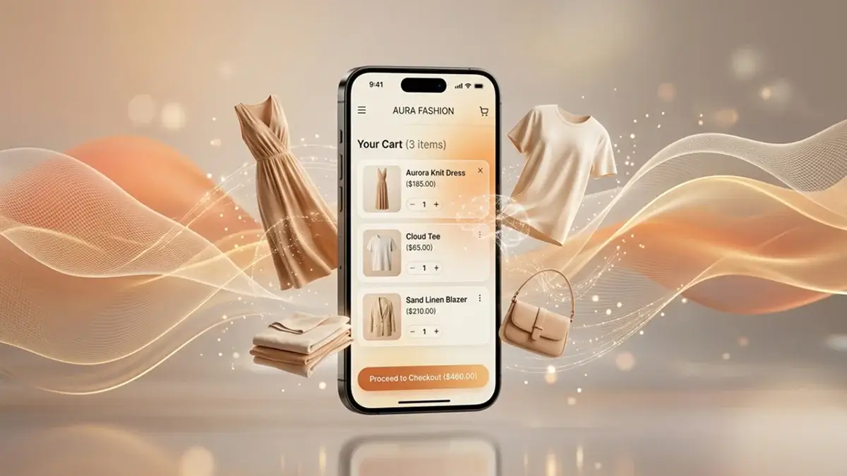 Ecommerce app development with mobile shopping interface and modern user experience design