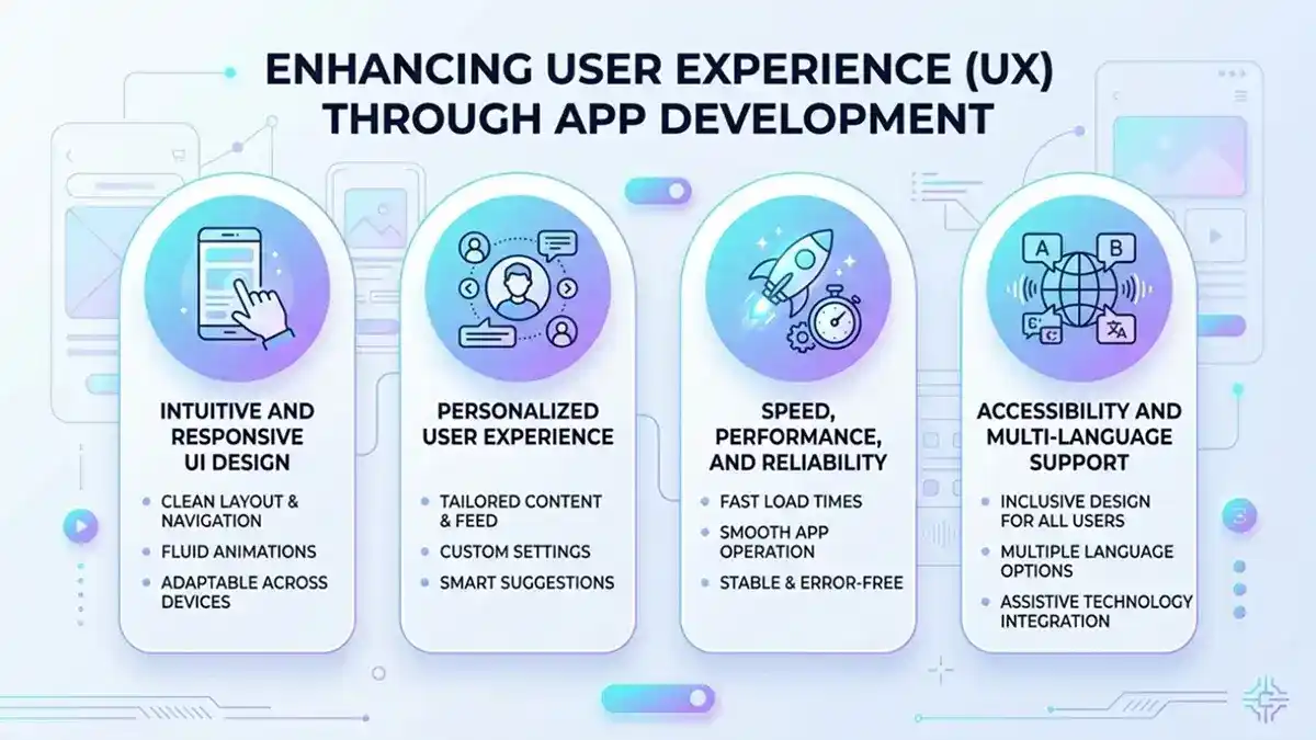Enhancing user experience (UX) through app development, highlighting UI design, personalization, performance, and accessibility features in modern mobile applications