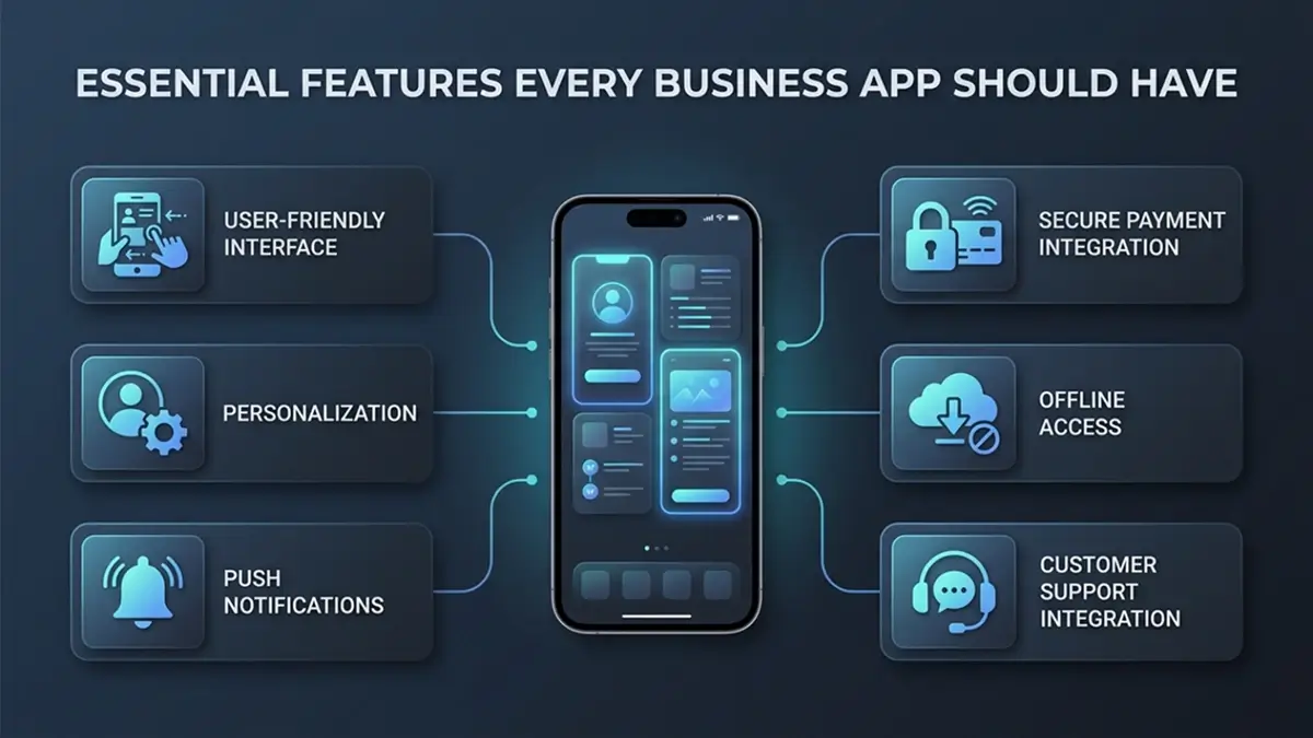 Essential features every business app should have infographic including user friendly interface personalization push notifications secure payment offline access and customer support