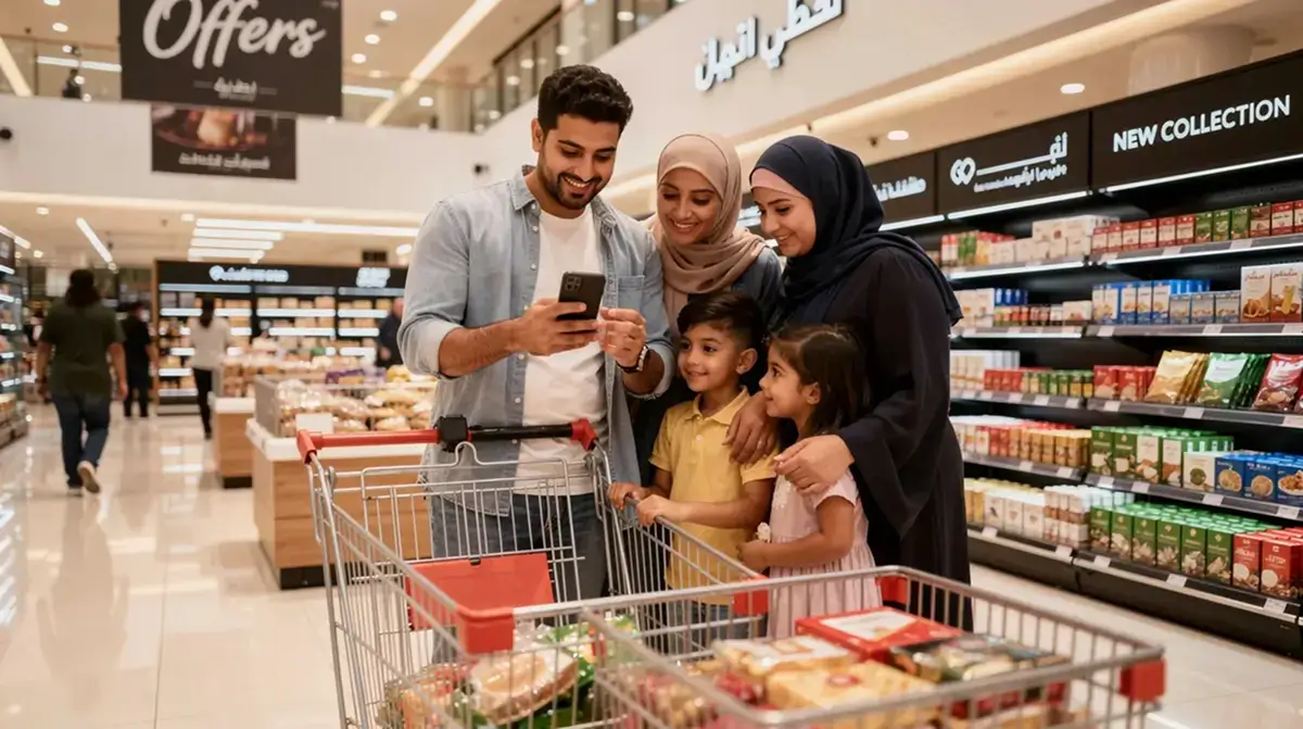 A family of four, consisting of parents and at least one child, is engaged in shopping at a modern retail store in the UAE, while using a smartphone to access the Fazaa app for exclusive benefits and discounts. The scene reflects the vibrant UAE community, showcasing cultural diversity and the importance of family stability in daily life.
