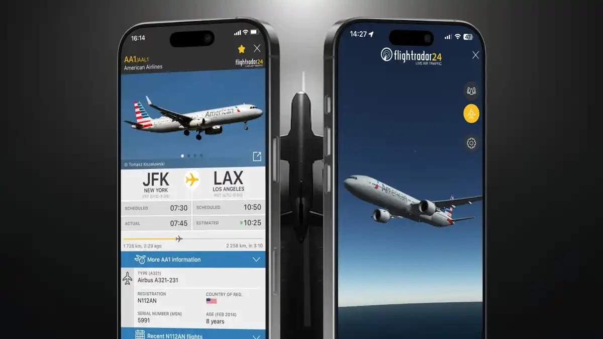 Flightradar24 mobile app on smartphone displaying live flight details, route tracking, and aircraft status