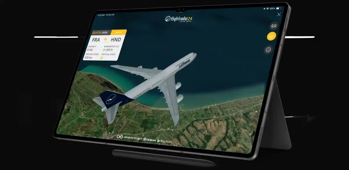 Flightradar24 flight tracker app displayed on tablet with 3D airplane view and live route data