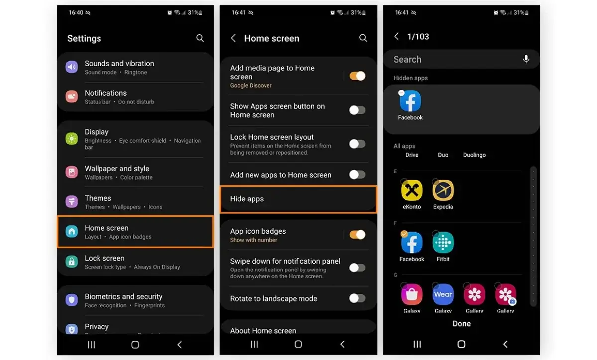Hide apps option in Android home screen settings