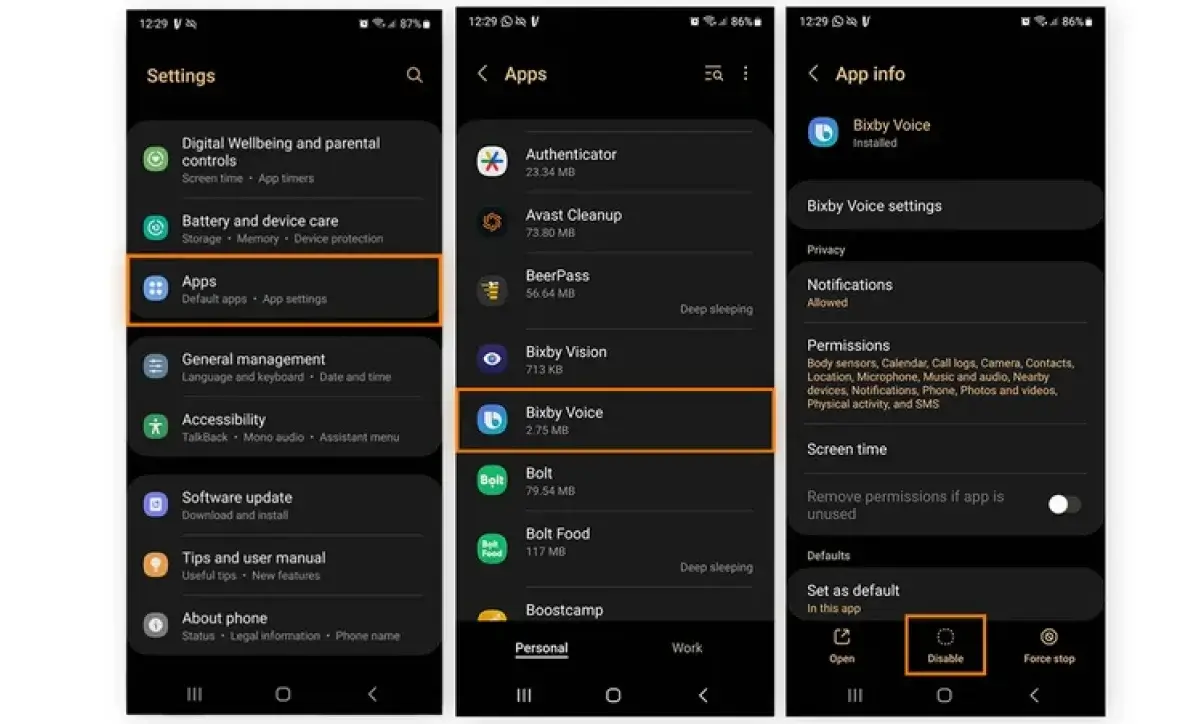 Disable apps from Android app settings menu