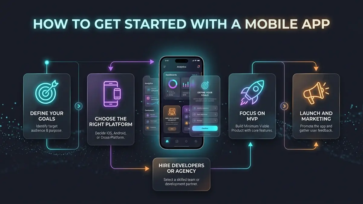 Steps to build a mobile app infographic showing goals platform development MVP launch and marketing