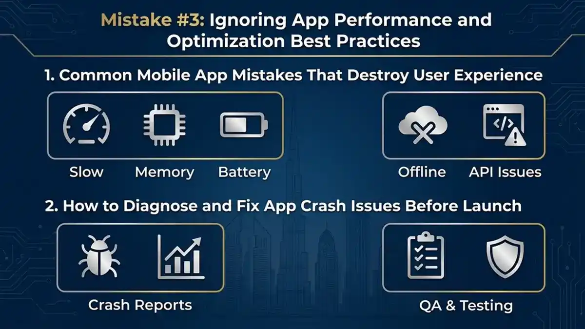 Common mobile app performance mistakes in Dubai, including slow load times, memory leaks, battery drain, poor offline mode, API issues, and crash diagnosis tools