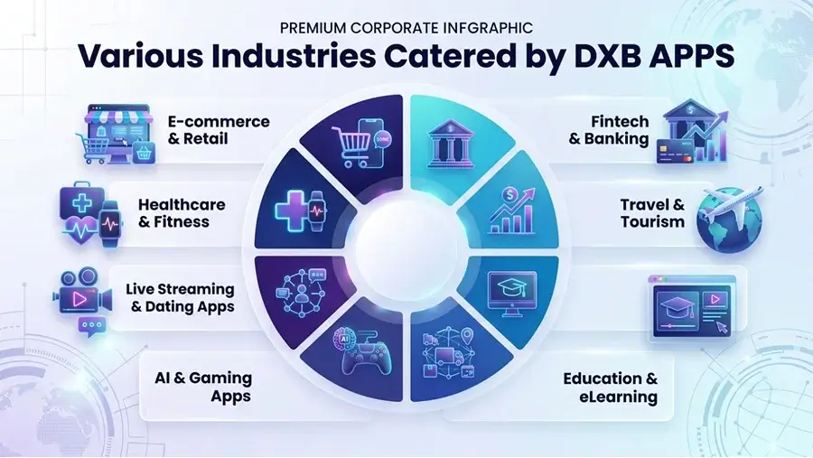 Industries served by DXB APPS including e-commerce, healthcare, fintech, travel, education, logistics, AI gaming, and live streaming and dating apps