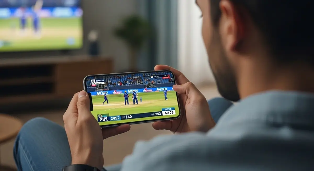 Man streaming live cricket match on mobile app, showcasing real-time sports streaming experience.