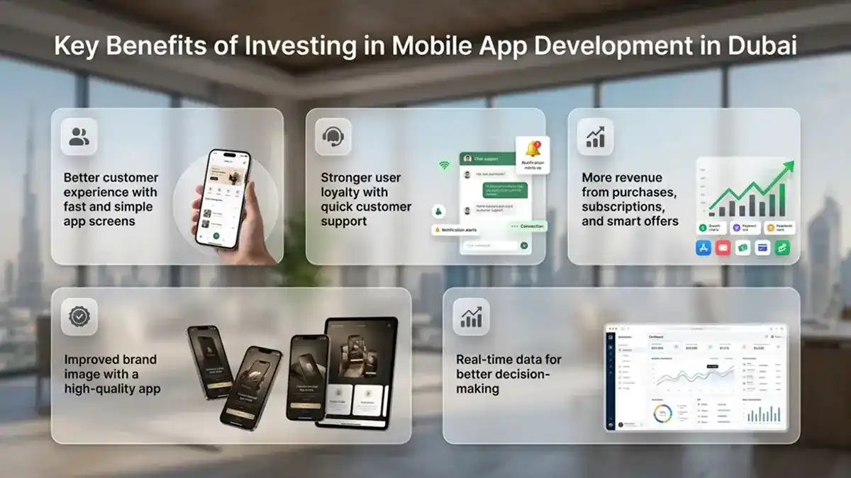 Key benefits of mobile app development in Dubai, including customer experience, user loyalty, revenue growth, brand improvement, and real-time analytics using modern business dashboards and mobile app interfaces