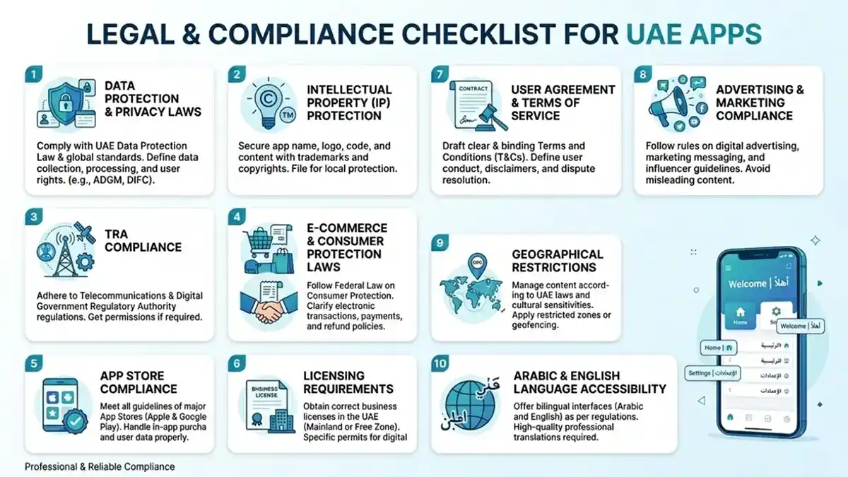 legal and compliance checklist for UAE mobile apps including privacy laws, IP protection, TRA compliance, app store rules, licensing, and Arabic and English accessibility