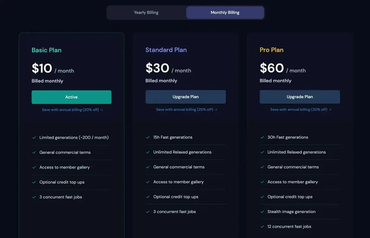midjourney pricing plans