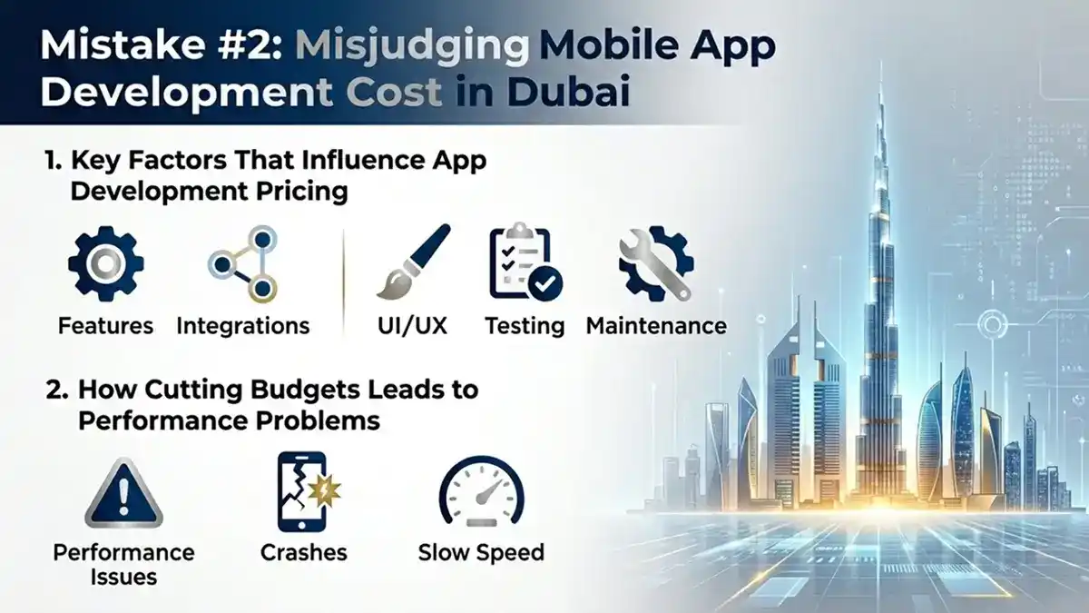 Key factors affecting mobile app development costs in Dubai, including features, UI/UX, testing, maintenance, and performance issues from cutting budgets