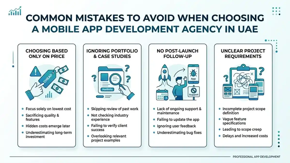 Common mistakes to avoid when choosing a mobile app development agency in UAE including pricing decisions, ignoring portfolios, lack of post-launch support, and unclear requirements