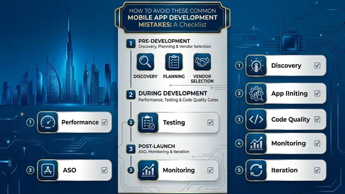 how to avoid mobile app development mistakes, including pre-development planning, vendor selection, performance testing, ASO, monitoring, and iteration