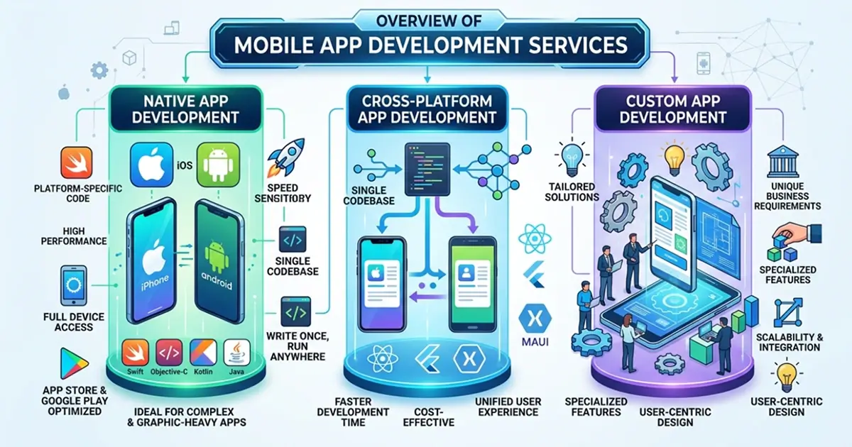 Overview of mobile app development services including native, cross-platform, and custom app solutions.