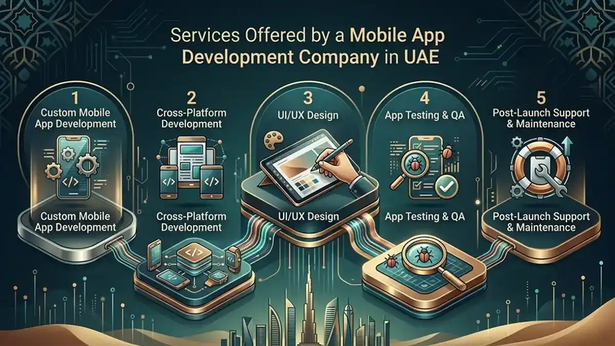 Services offered by a mobile app development company in UAE including custom app development, cross-platform development, UI/UX design, app testing, and maintenance support