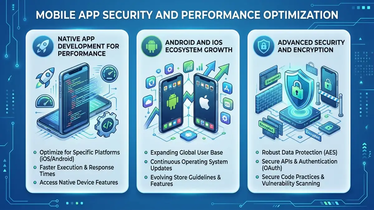 Mobile app security and performance optimization through native development, Android and iOS growth, and encryption security.