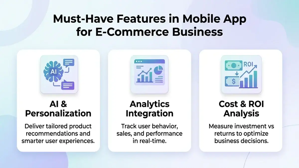 Must-have features in ecommerce mobile app including AI personalization analytics integration and ROI analysis