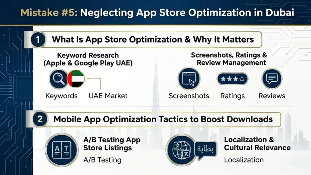 mobile app store optimization mistakes in Dubai, including keyword research, screenshots, ratings, reviews, A/B testing, and localization for Arabic users
