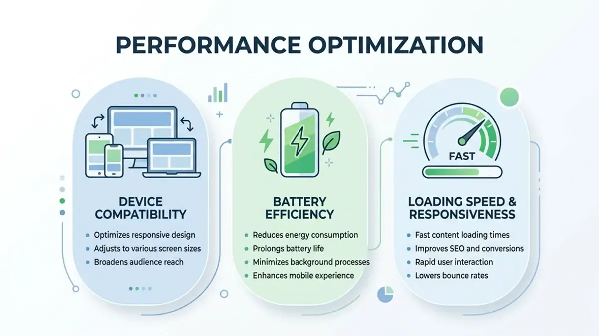 Performance optimization showing device compatibility, battery efficiency, and fast loading speed for improved system performance.