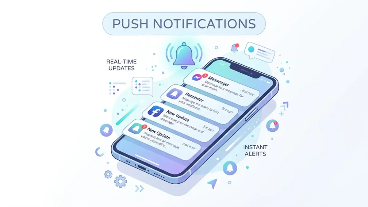 Push infographic showing mobile alerts, notification messages, and real-time user engagement on smartphones.