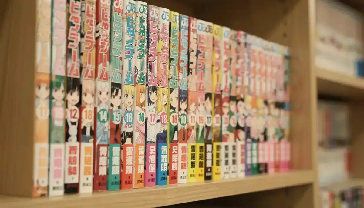 A stack of colorful manga volumes sits on a wooden bookshelf, showcasing various genres including action, romance, and horror. This vibrant collection invites manga readers to explore the latest manga chapters and discover new stories.