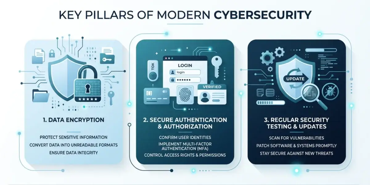 Security showing data encryption, secure authentication, and regular security testing and updates to protect digital systems.