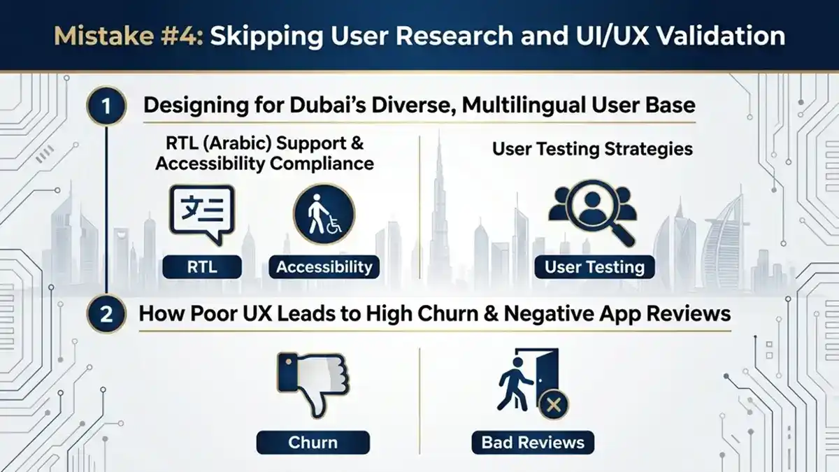 mobile app UX mistakes in Dubai, including RTL support, accessibility, user testing, and how poor UX causes churn and negative reviews