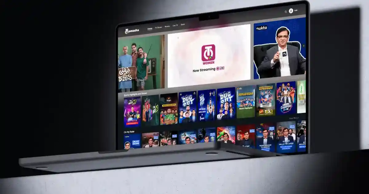 Tamasha Web platform showing live TV streaming, sports matches, movies, and drama content on desktop browser.