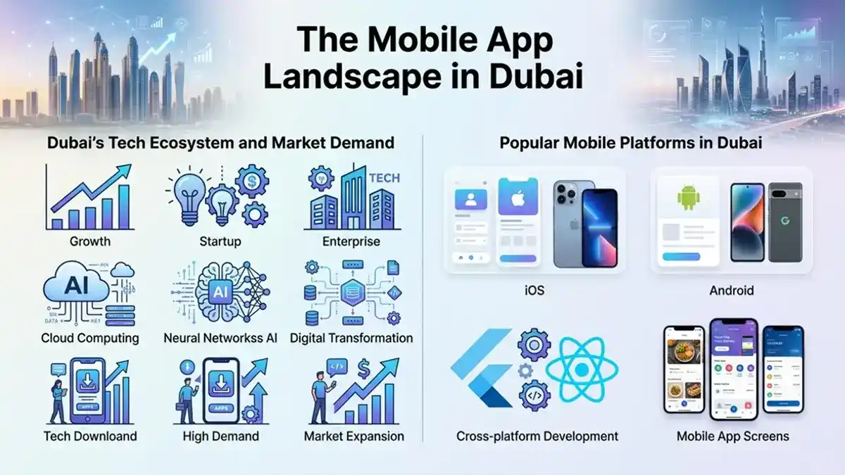 The Mobile App Landscape in Dubai showcasing the tech ecosystem, market demand growth, and popular mobile platforms like iOS and Android with modern infographic design elements