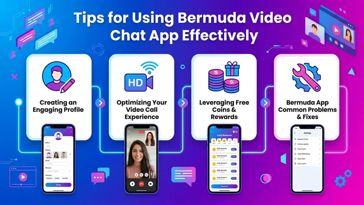 Showing effective tips for using Bermuda Video Chat App including profile creation, video call optimization, rewards usage, and common problem fixes