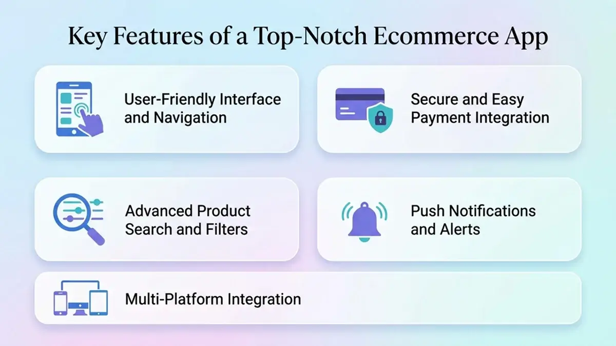 Key features of a successful ecommerce app including secure payments, advanced search, and push notifications