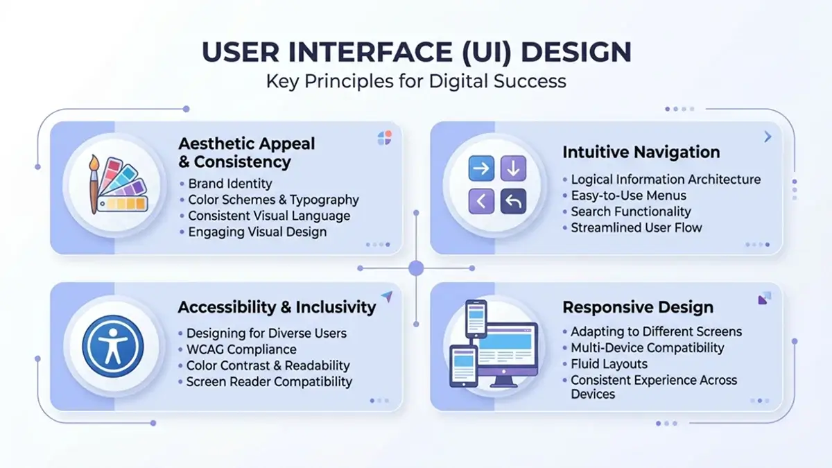 User interface design showing aesthetic consistency, intuitive navigation, accessibility, and responsive design principles for better user experience.